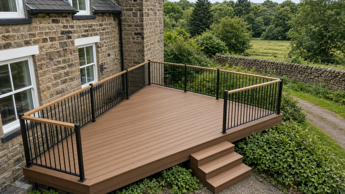 Example image: black steel balustrade with an oak handrail on a composite deck behind a gritstone semi