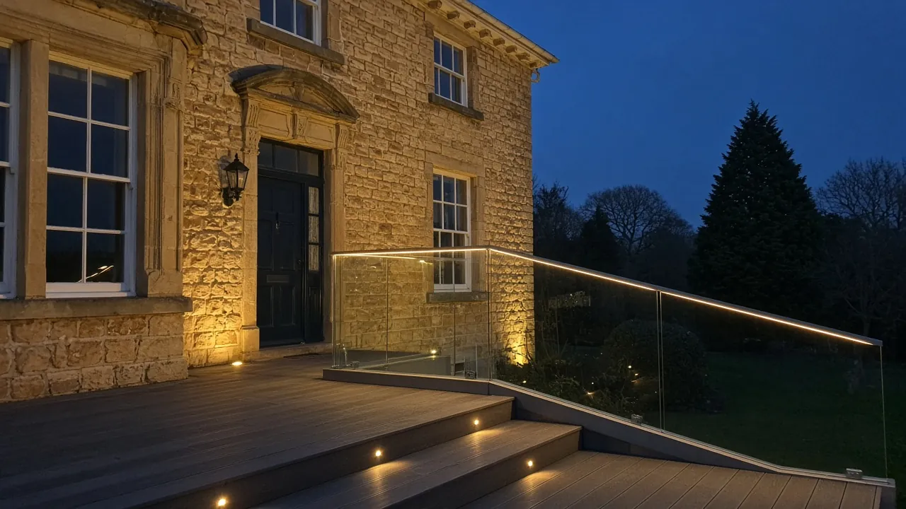 Example image: frameless glass balustrade on a deck at dusk with warm lighting