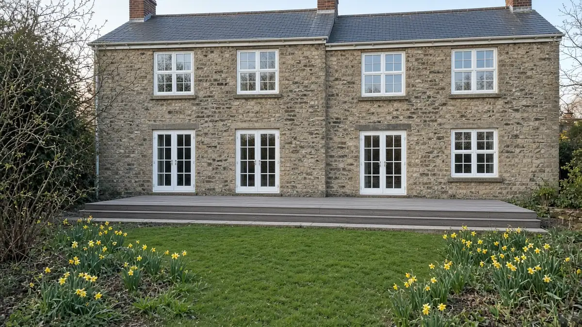 Example image: stone-grey composite deck along the back of an Edwardian gritstone semi in spring
