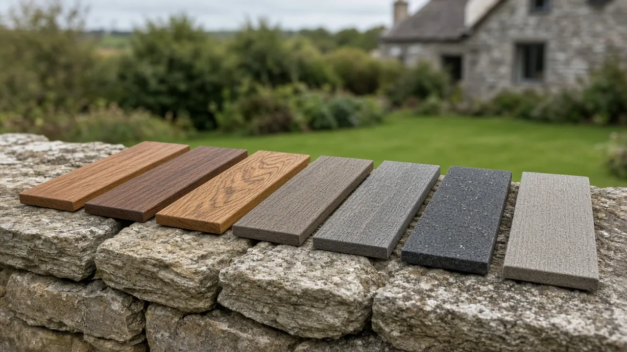 Example image: hardwood and composite samples laid on a stone garden wall