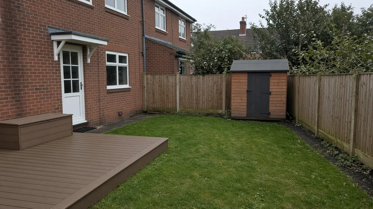 Example image: composite deck with a storage bench behind a brick semi in Bilton