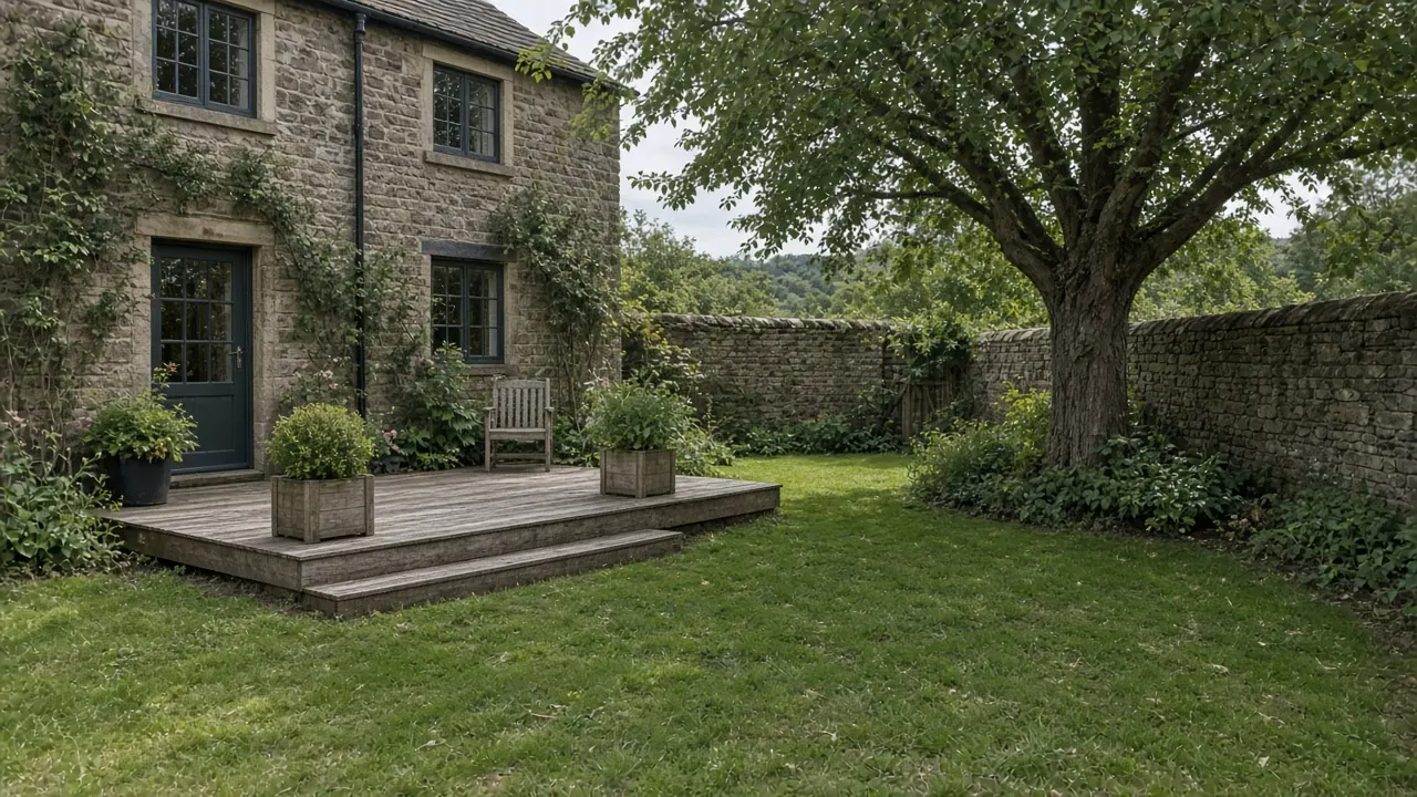 Example image: low silvered hardwood deck by an old stone wall in a Follifoot village garden