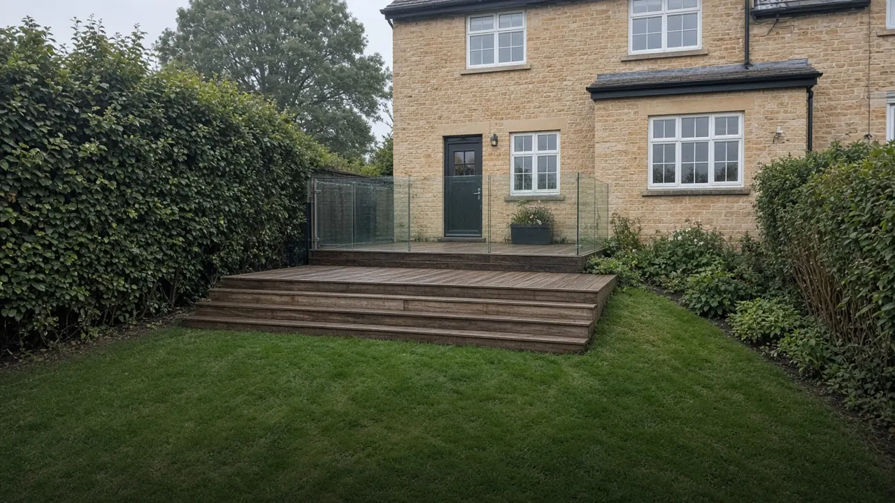 Example image: deck at door height with wide steps down a sloping garden behind a stone semi in Harlow Hill