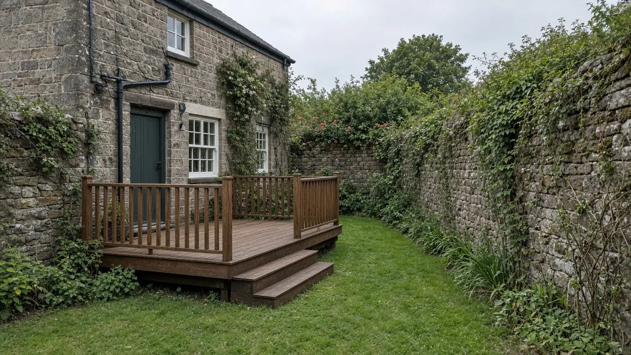 Example image: small oiled hardwood deck with timber balustrade behind a Killinghall stone cottage