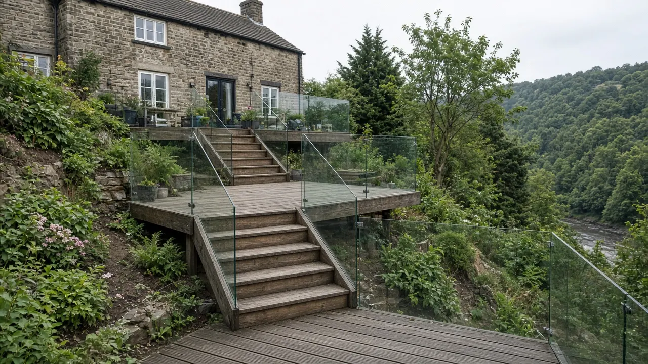 Example image: multi-level deck with glass balustrade on a steep Knaresborough garden above the river valley