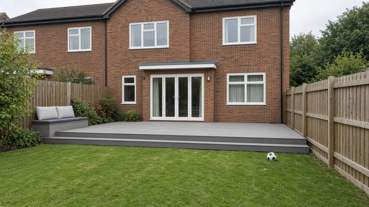 Example image: low grey composite deck with built-in bench off the patio doors of a brick house in Oatlands