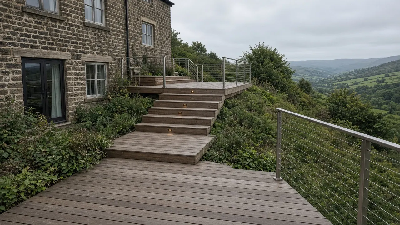 Example image: multi-level deck with wire balustrade stepping down a steep garden in Pannal