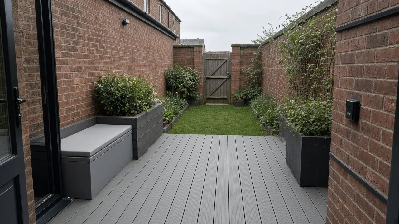 Example image: lengthways composite deck with planters across the yard of a Starbeck terrace
