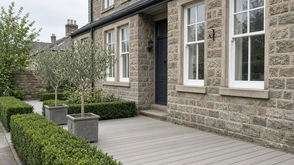 Example image: warm grey composite deck beside a stone house with box hedging