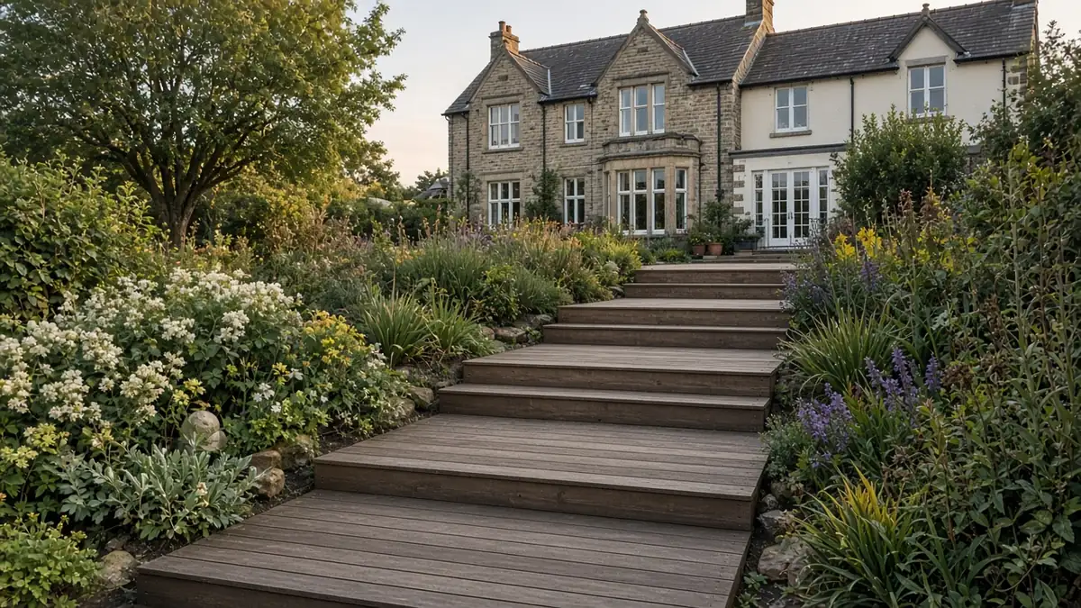 Example image: multi-level hardwood deck stepping down a mature garden