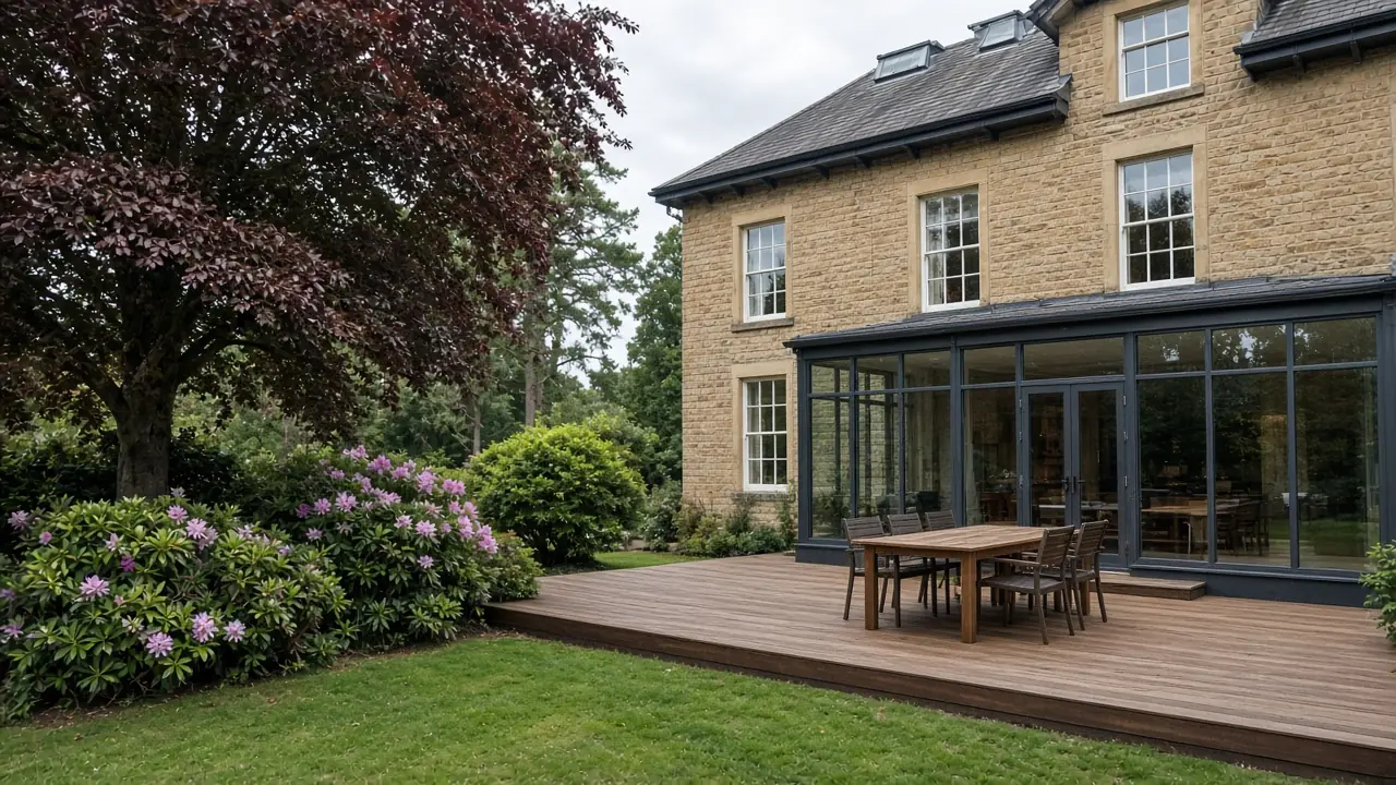 Example image: oiled hardwood deck behind a Victorian stone villa in Harrogate