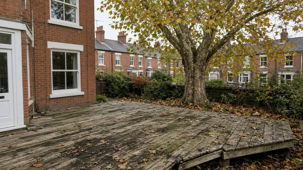 Example image: tired softwood deck with black leaf stains and moss beneath a sycamore