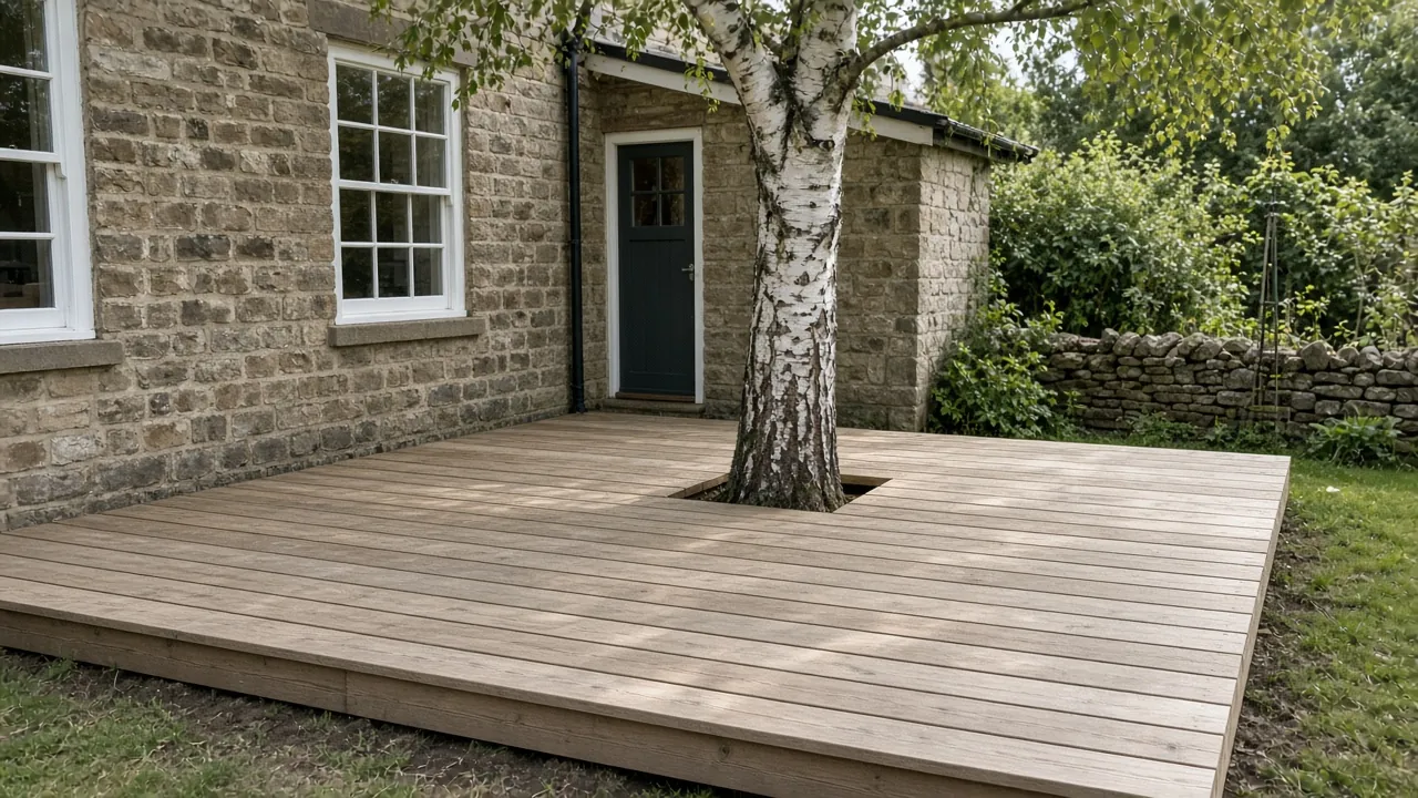 Example image: new hardwood deck built around a mature tree