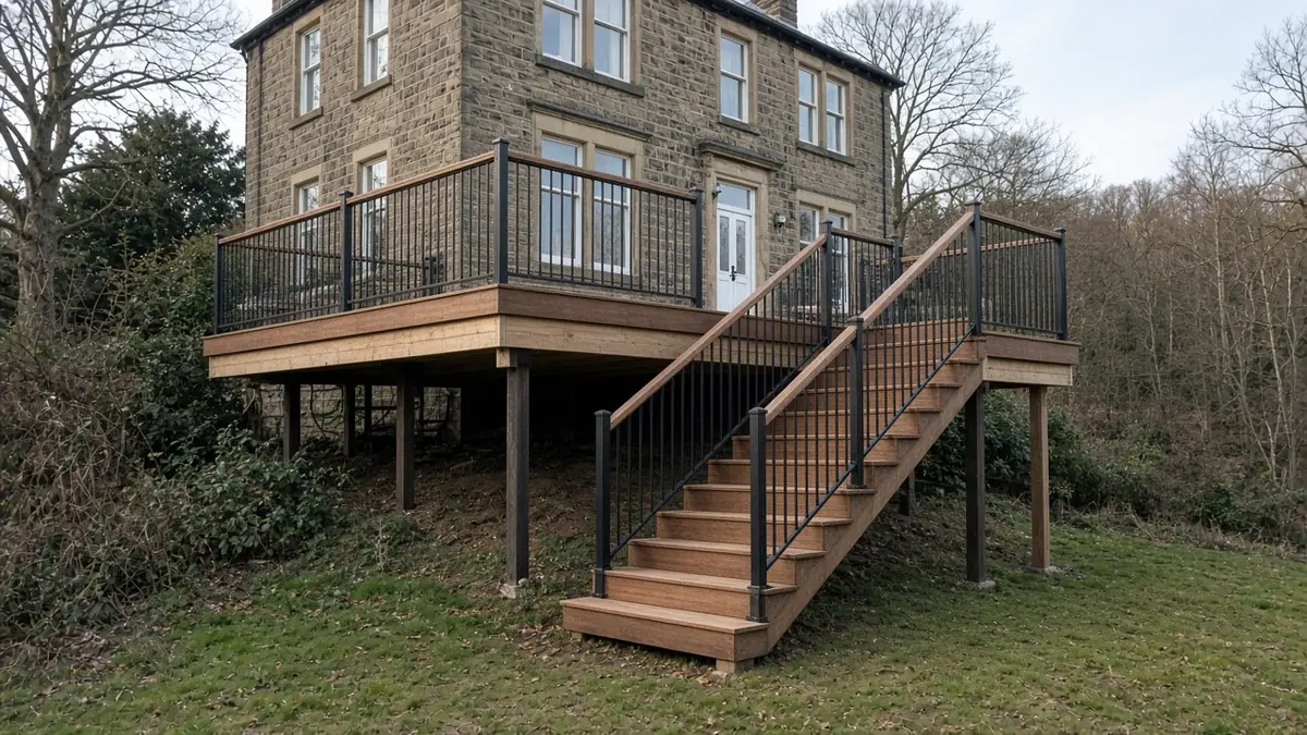 Example image: raised hardwood deck with a straight flight of steps and a half landing behind a stone villa
