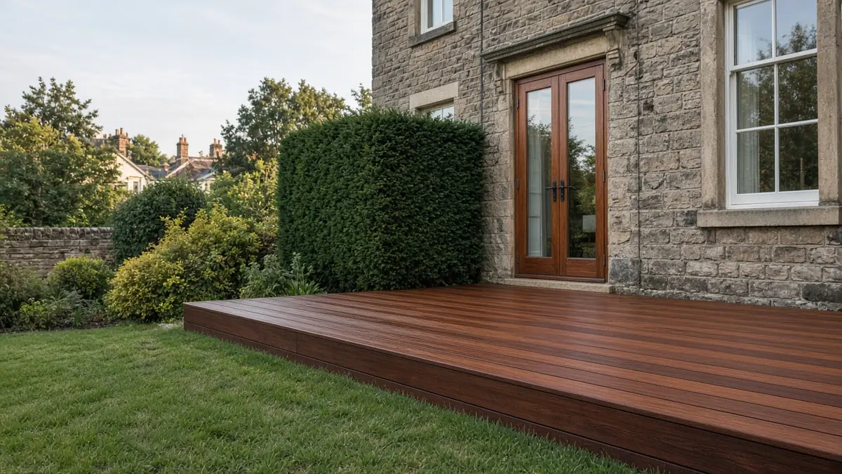 Example image: freshly oiled deep red-brown hardwood deck beside a Victorian gritstone villa