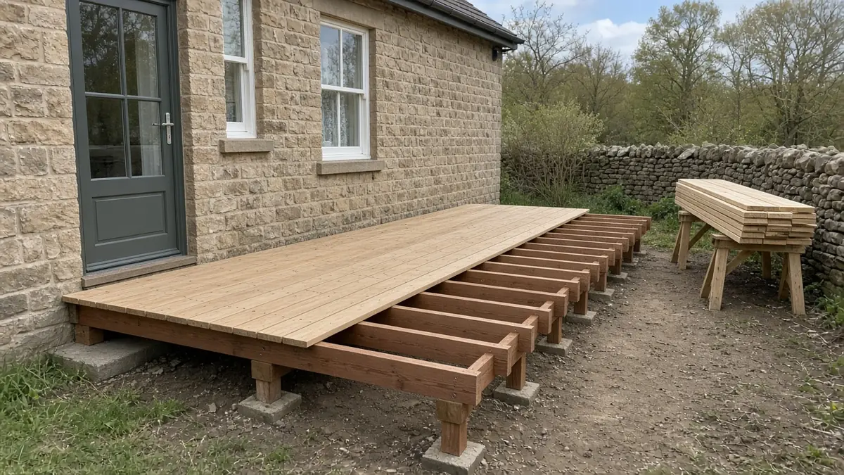Example image: low hardwood deck being boarded over treated joists on bearers and concrete pads
