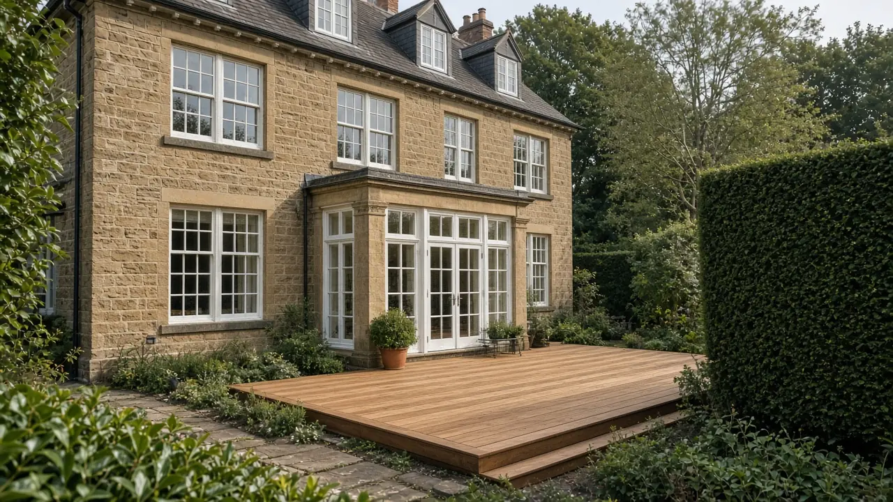 Example image: hardwood deck on one side and composite on the other of a stone house
